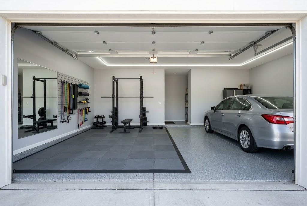 Garage divided into a home workout area with weights and wall storage on the left and a parked car on the right.