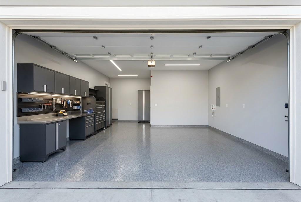 Garage workshop with a long workbench, dark cabinets, organized tools and an open central floor.
