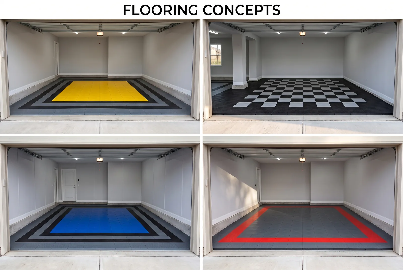 Four garage floor tile layouts: a yellow parking pad with grey and black border, a black and grey checkerboard, a blue pad with border, and a grey floor with a red border.