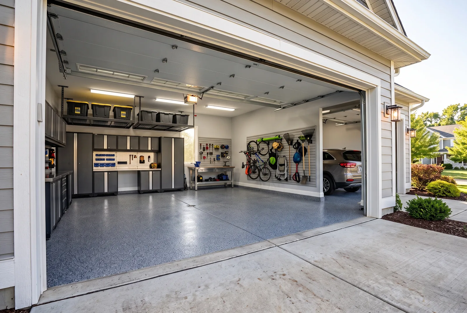 A finished two-car garage seen from the driveway with the door open: cabinets and a worktop along the left wall, overhead racks with bins, slat wall holding bikes and yard tools, and a flake-finish floor.